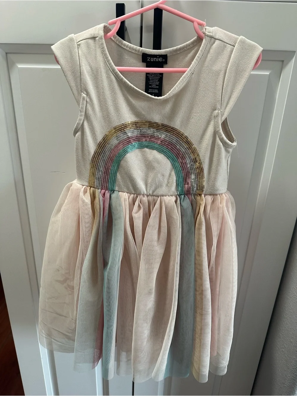 Zunie Cream Dress with Gold and Pastel Rainbow